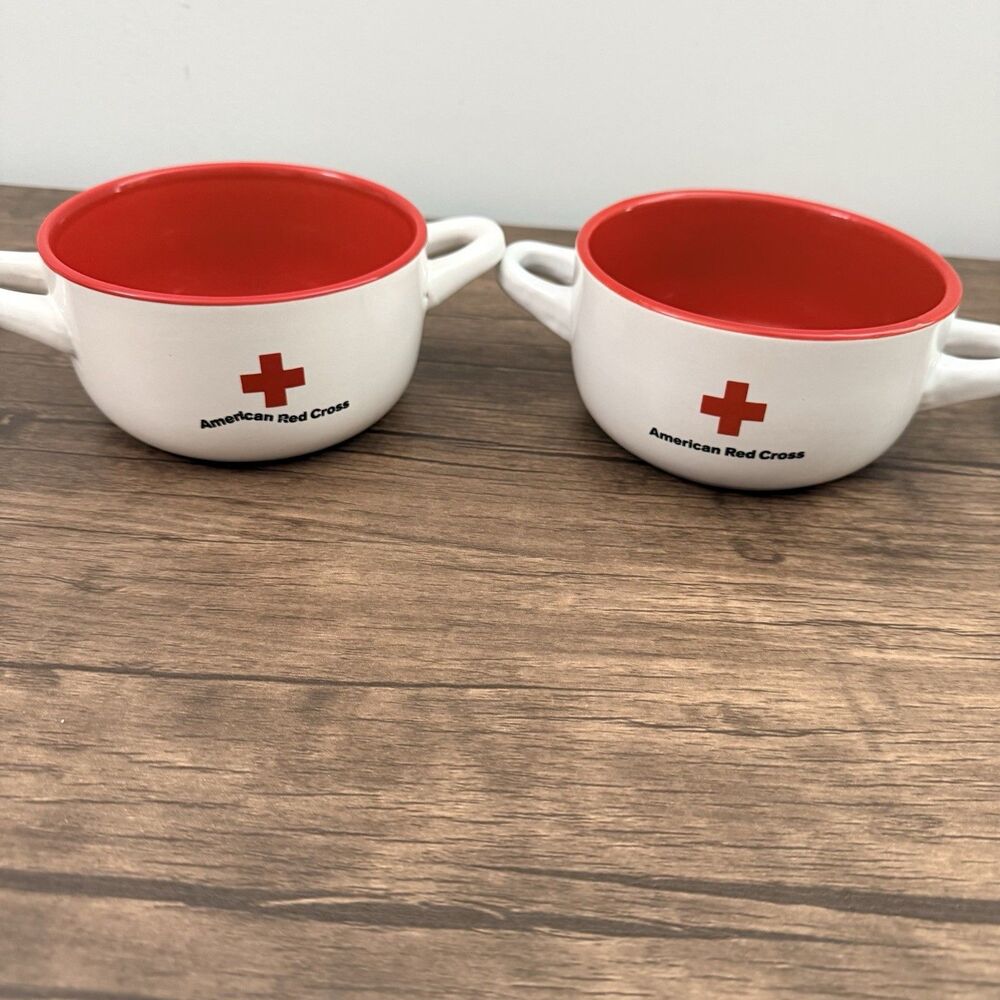 American Red Cross Soup Bowls Set of 2 Double Handled White Red Ceramic Vintage